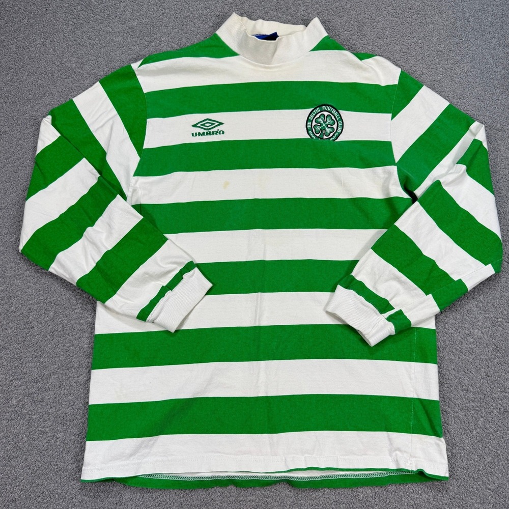 Vintage 90s Umbro Celtics FC Shirt Men's Medium Striped Long Sleeve Football